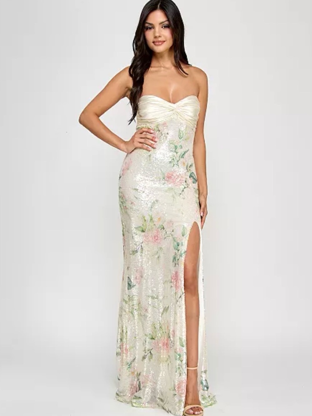 City Studio Strapless Cream Floral Sequin Gown with Pink Accents